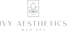 This is a green logo for "IVY AESTHETICS MED SPA" featuring stylized text and a graphic of three leaves or a fleur-de-lis above the name.
