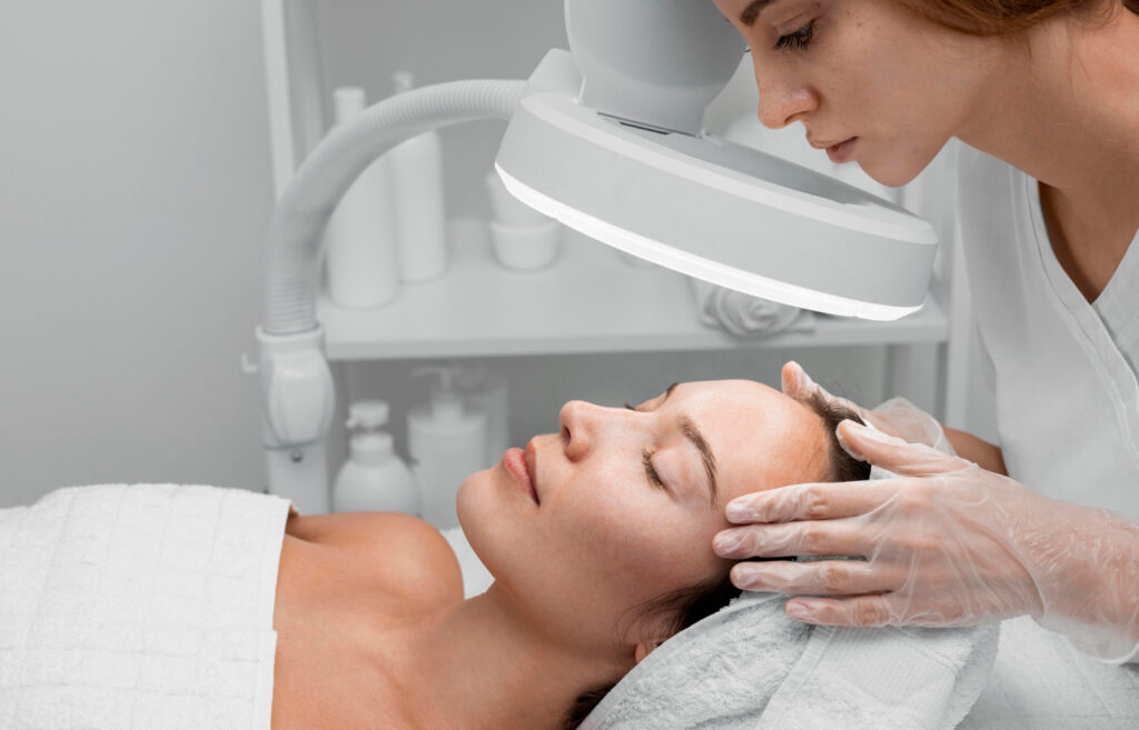 A person in a clinical setting examining another person's facial skin under bright lighting, wearing gloves, suggesting a skincare or medical environment.