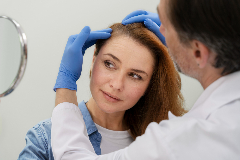 A person examines another person's forehead in a clinical setting with blue gloves, while the patient observes in a handheld mirror.