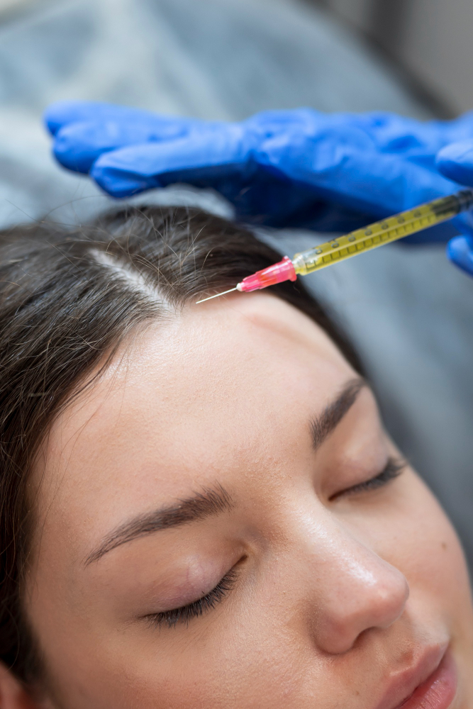 A person with closed eyes is receiving an injection in their forehead, administered by a gloved hand holding a syringe, likely a cosmetic procedure.