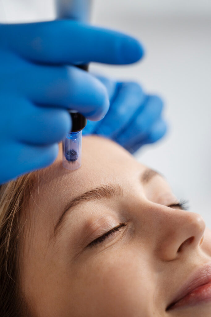 A person in blue gloves is holding a dropper above a reclining person's forehead, dispensing a liquid possibly for skincare or medical purposes.