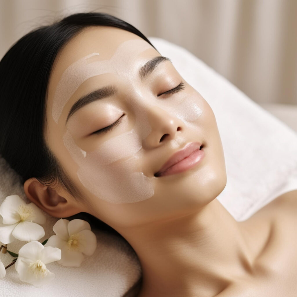 A person is relaxing with a facial mask applied, surrounded by white flowers, suggesting a serene spa or skincare setting. Their eyes are closed, conveying tranquility.