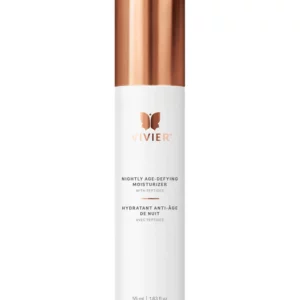 The image shows a bottle of Vivier nightly age-defying moisturizer with peptides. It's a 55 ml container with white and copper color design.