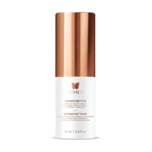 This is an image of a skincare product, specifically an eye cream by Vivier, in a sleek white and copper container with product details and branding.
