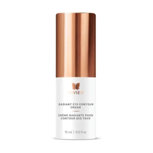 This image shows a bottle of Vivier Radiant Eye Contour Cream against a white background. It's a skincare product with a metallic copper-colored cap.