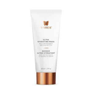 The image shows a tube of Vivier Ultra Hydrating Mask with antioxidants and shea butter against a white background. The packaging is sleek and modern.
