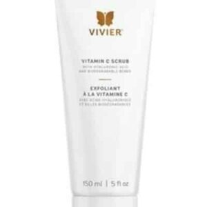 This image shows a sleek white tube of Vivier Vitamin C Scrub. It's a skincare product intended for exfoliation, presented in a minimalistic design.