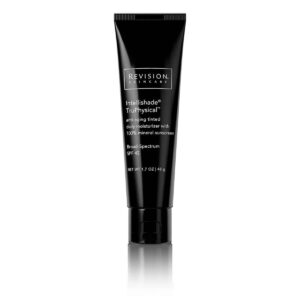 This is an image of a sleek black tube of Revision Skincare branded Intellishade TruPhysical anti-aging tinted daily moisturizer with SPF 45 sunscreen.