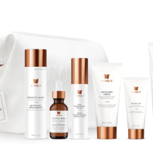 This is an image of a skincare product set by Vivier, featuring various bottles and tubes arranged neatly beside a white cosmetic bag with a tag.