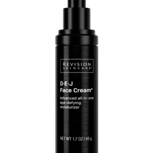 A black dispenser bottle of "REVISION SKINCARE D·E·J Face Cream," labeled as an advanced all-in-one age-defying moisturizer, against a black background.