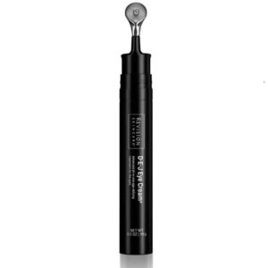 The image displays a black tube of "DEJ Eye Cream" with a silver rollerball applicator, indicating it's a skincare product for the eye area.