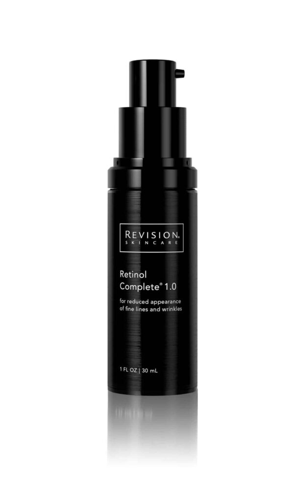 The image shows a sleek black bottle with a pump dispenser labeled "Revision Skincare, Retinol Complete 1.0" for reducing fine lines and wrinkles.