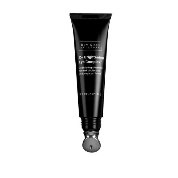 This image shows a black tube of Revision Skincare C+ Brightening Eye Complex, a treatment for dark circles and under-eye puffiness, against a white background.