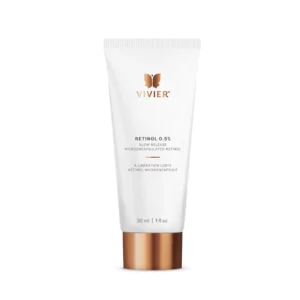 The image shows a white tube with copper accents labeled "VIVIER," containing 0.5% Retinol for skincare. It's a 30 ml product featuring slow-release microencapsulated retinol.