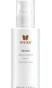This image shows a white cosmetic bottle with a pump dispenser. It's labeled "Vivier HEXAM" and indicates a volume of 150 ml or 5 fl oz.