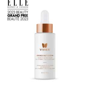 An advertisement for Vivier's GrenzCine Serum, recognized in ELLE Canada's 2023 Beauty Grand Prix, presented against a clean white background.