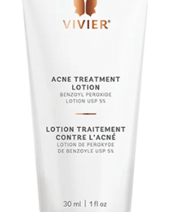 This is an image of a tube of Vivier Acne Treatment Lotion with Benzoyl Peroxide (5%) indicated for skin care, specifically to treat acne, 30 ml size.