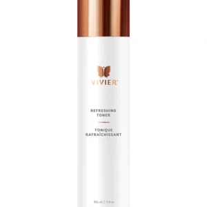 The image shows a skincare product, specifically a refreshing toner by Vivier, in a white bottle with a copper-colored cap, labeled in English and French.