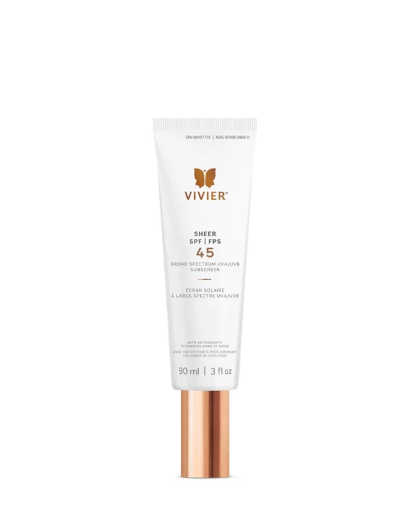 This image displays a tube of Vivier Sheer Broad Spectrum SPF 45 sunscreen. It has a white body with a copper-colored cap and contains 90 ml.