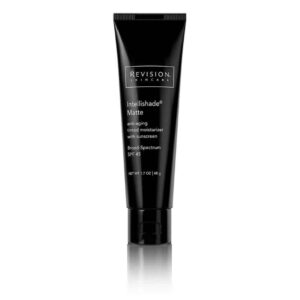 The image shows a black tube of Revision Skincare Intellishade Matte, an anti-aging tinted moisturizer with broad-spectrum SPF 45 sunscreen, against a white background.