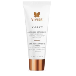 This is a product image showing a tube of Vivier V-STAT Advanced Repair Gel. It is labeled for soothing dry skin with Polyamine-DAB and silicone.