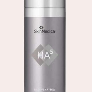 A sleek, metallic-gray SkinMedica HA5 Rejuvenating Hydrator bottle against a plain background. No people are present. The product emphasizes skin rejuvenation.