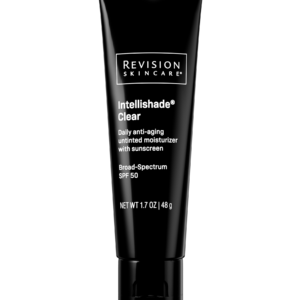 A tube of Revision Skincare Intellishade Clear, daily anti-aging untinted moisturizer with sunscreen, broad-spectrum SPF 50, against a white background.