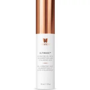 A skincare product bottle labeled "VIVIER ULTIMAGE Hydrating Gel with Neuropeptides and Hyaluronic Acid" with a white body and copper top on a white background.