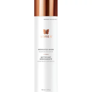 The image shows a sleek, white and bronze-colored bottle of Vivier Medicated Wash with 2% salicylic acid, designed for skincare, containing 150 ml of product.