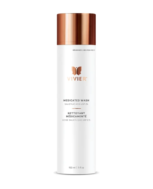 The image shows a sleek, white and bronze-colored bottle of Vivier Medicated Wash with 2% salicylic acid, designed for skincare, containing 150 ml of product.