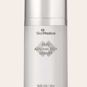 The image shows a silver-colored skincare product bottle labeled "SkinMedica TNS Advanced+ Serum" against a pale background. It appears sleek and modern.