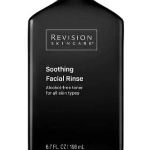 This is an image of a sleek black bottle labeled "REVISION SKINCARE Soothing Facial Rinse," an alcohol-free toner for all skin types, containing 6.7 FL. OZ. (198 ml).
