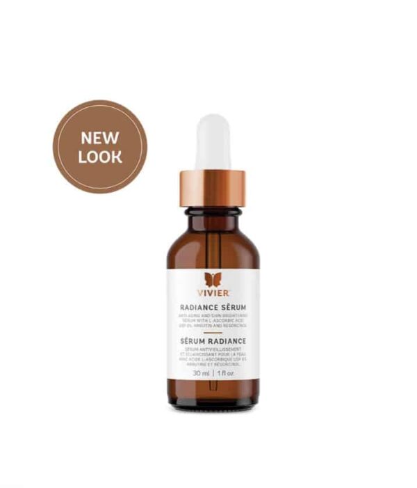 The image displays a skincare product called "Vivier Radiance Serum" in a brown glass bottle with a dropper, labeled as having a new look, 30 ml size.