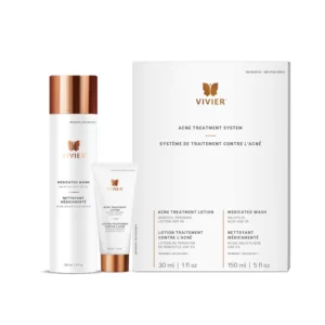The image displays a three-piece Vivier acne treatment system, including a medicated wash, acne treatment lotion, and their box packaging, all with white and bronze design.