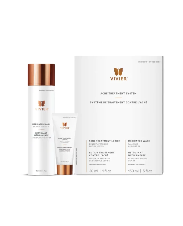The image displays a three-piece Vivier acne treatment system, including a medicated wash, acne treatment lotion, and their box packaging, all with white and bronze design.