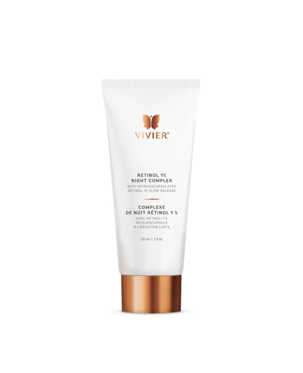The image shows a skincare product tube labeled "Vivier Retinol 1% Night Complex" with bilingual descriptions, standing against a white background.