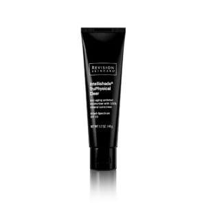 A tube of Revision Skincare Intellishade TruPhysical Clear, an anti-aging untinted moisturizer with SPF 50 sunscreen, stands against a black background.