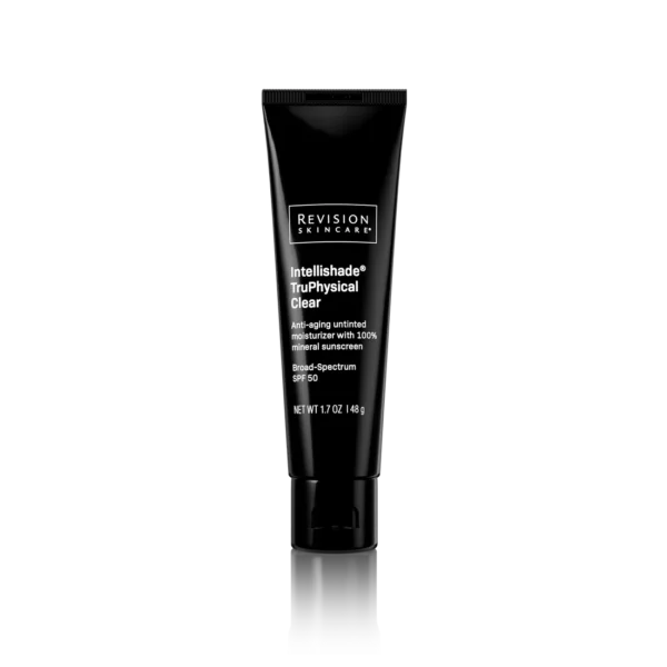 A tube of Revision Skincare Intellishade TruPhysical Clear, an anti-aging untinted moisturizer with SPF 50 sunscreen, stands against a black background.