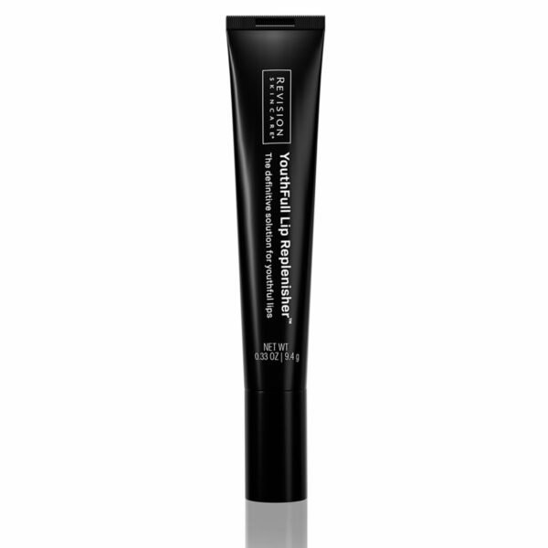 This image shows a black tube of "Revision Youthful Lip Replenisher" against a white background. The tube is designed for skincare, specifically for lips.