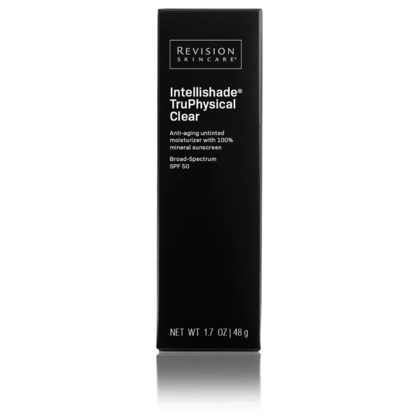 This image shows a black container of Revision Skincare Intellishade TruPhysical Clear, which is an anti-aging untinted moisturizer with SPF 50 sunscreen.