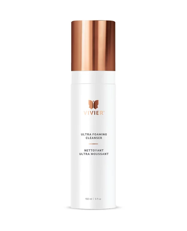 The image shows a 150 ml Vivier Ultra Foaming Cleanser bottle with white and copper coloring and bilingual (English and French) product descriptions.