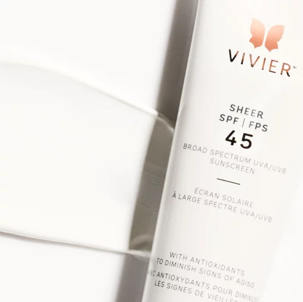 This image displays a tube of Vivier Sheer Broad Spectrum SPF 45 sunscreen against a white background, emphasizing its minimalist design and skincare function.