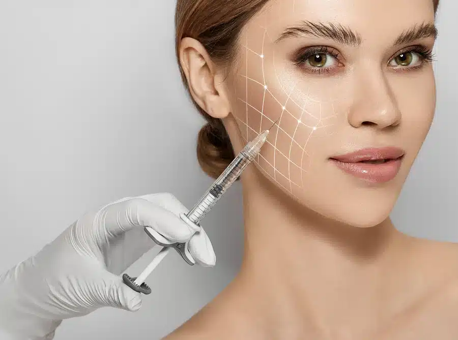 A person with clear skin receives a cosmetic injection from a gloved hand; graphic lines on the face suggest a beauty treatment or procedure.