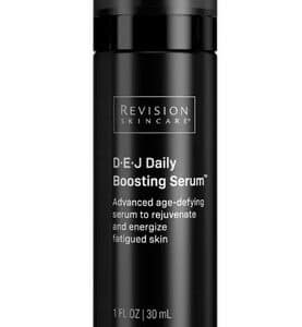 The image shows a sleek, black bottle of Revision Skincare DEJ Daily Boosting Serum, which is described as an advanced age-defying serum for rejuvenating skin.