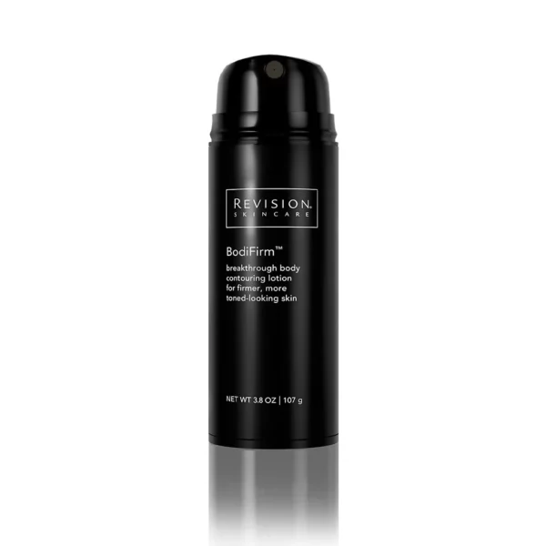 The image shows a sleek black bottle of Revision Skincare BodiFirm, a contouring lotion aimed at creating firmer, more toned-looking skin, against a white background.