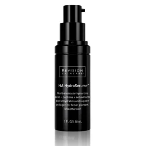 A black bottle of Revision Skincare's HA HydraSerum+. Contains hyaluronic acid, peptides, and antioxidants for hydration and collagen support. Volume: 1 fl oz.