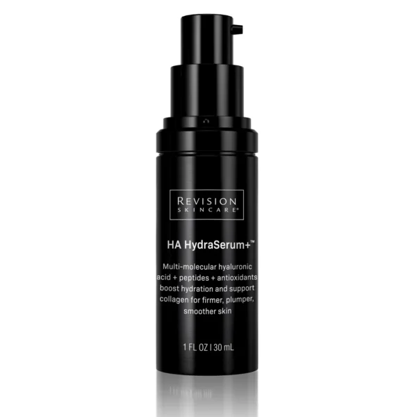 A black bottle of Revision Skincare's HA HydraSerum+. Contains hyaluronic acid, peptides, and antioxidants for hydration and collagen support. Volume: 1 fl oz.