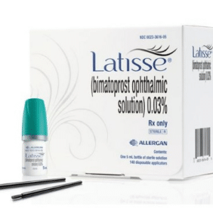 The image shows a product named Latisse, specifically bimatoprost ophthalmic solution 0.03%, with its packaging, a bottle, and applicator brushes.