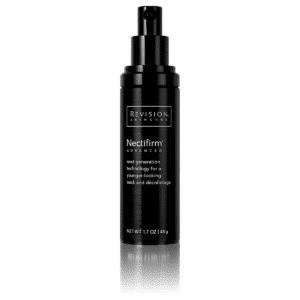 The image shows a sleek black pump bottle labeled "Revision Skincare Nectifirm Advanced," intended for younger-looking neck and décolletage care.