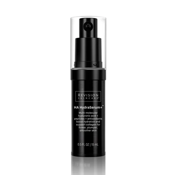 A sleek, black bottle of HA HydraSerum by Revision Skincare with detailed labeling, designed for hydration and collagen support, containing 15 mL.